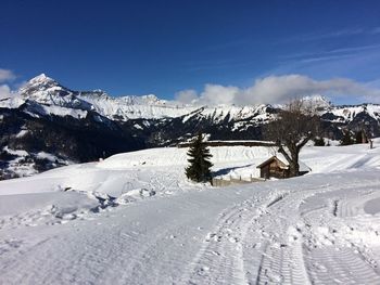 Snow covered landscape against sky