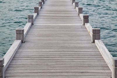 High angle view of empty wooden pier amidst sea