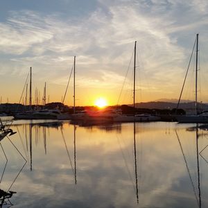 Boats moored at harbor during sunset