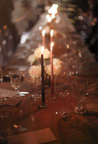 Close-up of wine glass on table with candles in restaurant