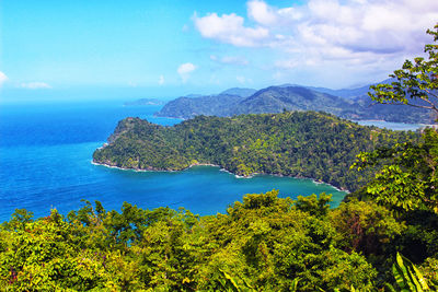 Scenic view of sea and mountains against sky