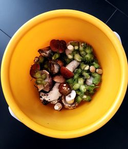High angle view of breakfast served on table