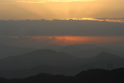 Scenic view of silhouette mountains against sky