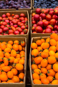 Small organic yellow and red tomatoes on the market in large boxes. autumn harvest concept