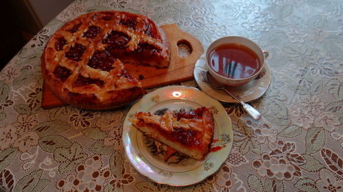 High angle view of breakfast served on table