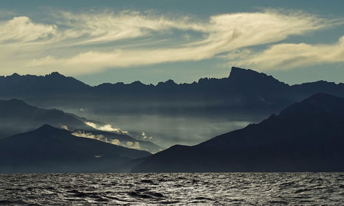 Scenic view of silhouette mountains against sky during sunset