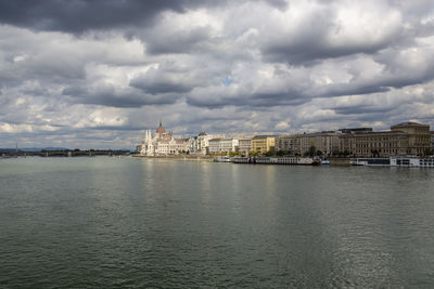 View of buildings by river against cloudy sky