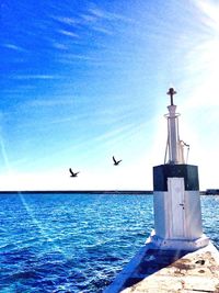 Seagull flying over sea against blue sky