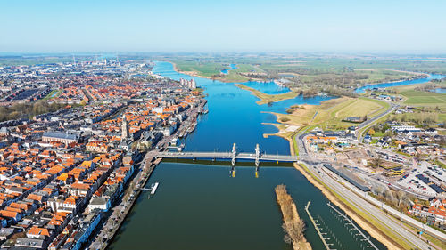 Aerial panorama from the historical city kampen at the river ijssel in the netherlands
