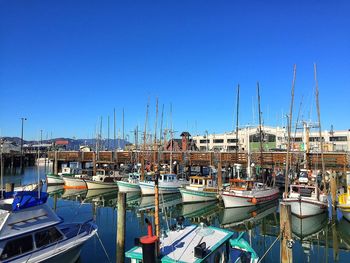 Boats moored at harbor