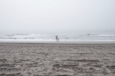 People walking on beach against sky