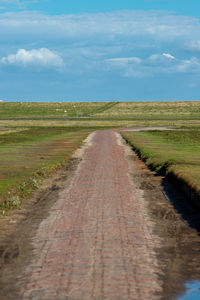 Dirt road amidst field against sky