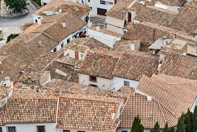 High angle view of residential buildings in city