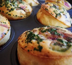 Close-up of egg muffins in baking sheet