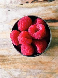 High angle view of strawberries on table