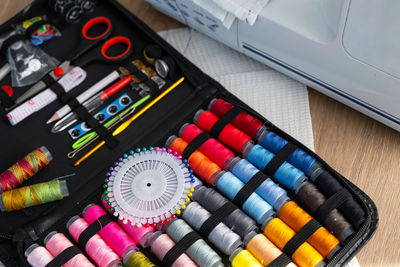 High angle view of beauty products on table