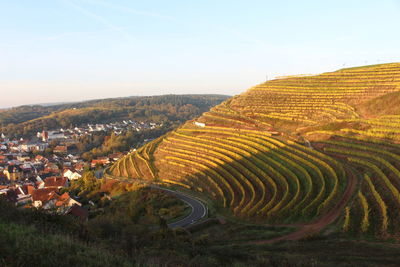 High angle view of agricultural field against sky