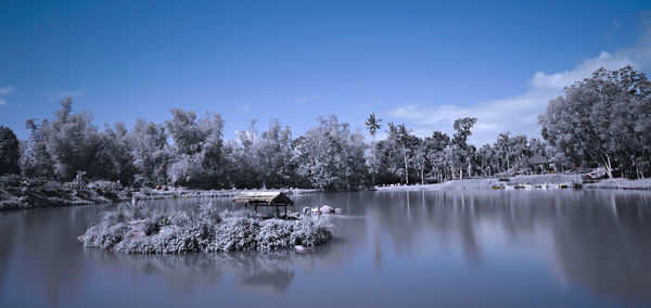 Scenic view of lake against sky during winter