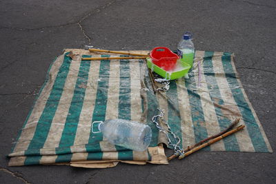 Tools of street artist to make soap bubbles to entertain pedestrians and tourists in tenerife 