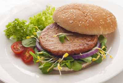 Close-up of burger in plate