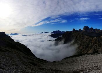 Panoramic view of majestic mountains against sky during sunset