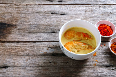 High angle view of soup in bowl on table