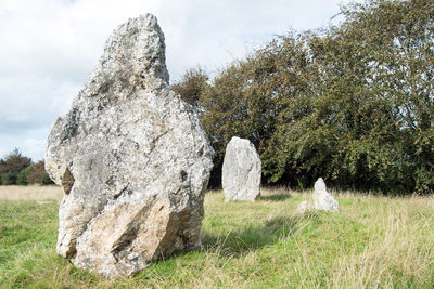 View of rock formation on field against sky