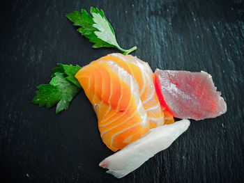 High angle view of fish on table