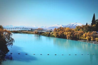 Scenic view of lake against clear blue sky