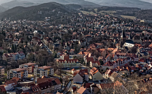 High angle view of town against sky