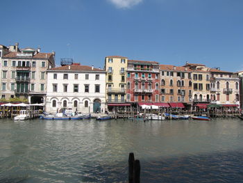 Buildings in city against clear sky