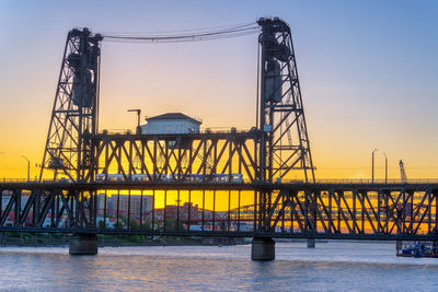 Steel bridge over willamette river against sky during sunset