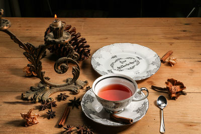 High angle view of coffee cup on table