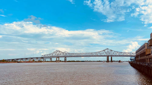Bridge over calm sea against cloudy sky