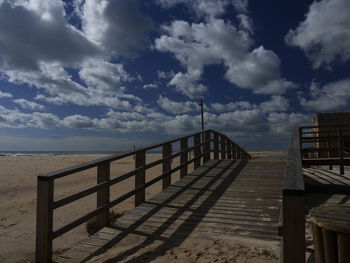 Pier on beach against sky