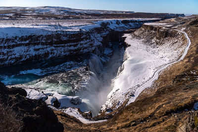 Scenic view of waterfall amidst snowcapped mountains against blue sky