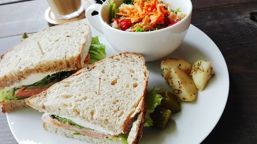 High angle view of sandwiches and salad in plate