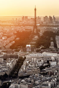 High angle view of city buildings against sky