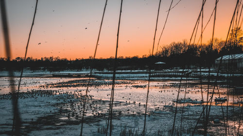 Scenic view of lake against sky at sunset