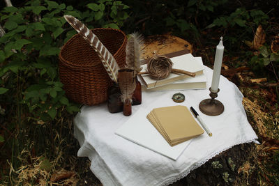 High angle view of bread in basket on table