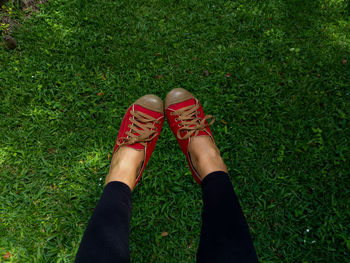 Low section of woman standing on grassy field