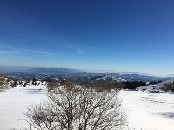 Scenic view of frozen landscape against blue sky