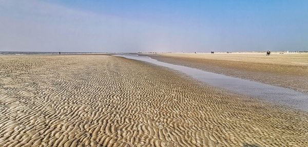 Surface level of beach against clear sky