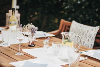 Wine glasses on table at restaurant