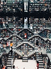 High angle view of people in city building