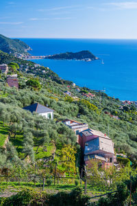 High angle view of townscape by sea against sky