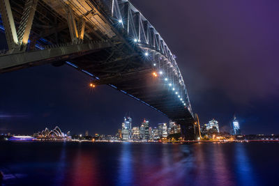 Sydney harbor bridge at night with sydney skyline building in background.long exposure shot.
