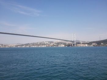 Suspension bridge over river against sky