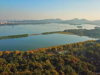 High angle view of lake against sky