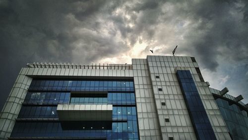 Low angle view of bird flying against storm clouds